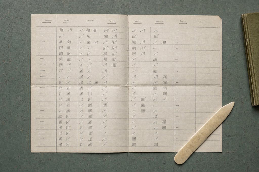 A folded traffic-count tally sheet with ruled columns of tick marks, lying on a desk.
