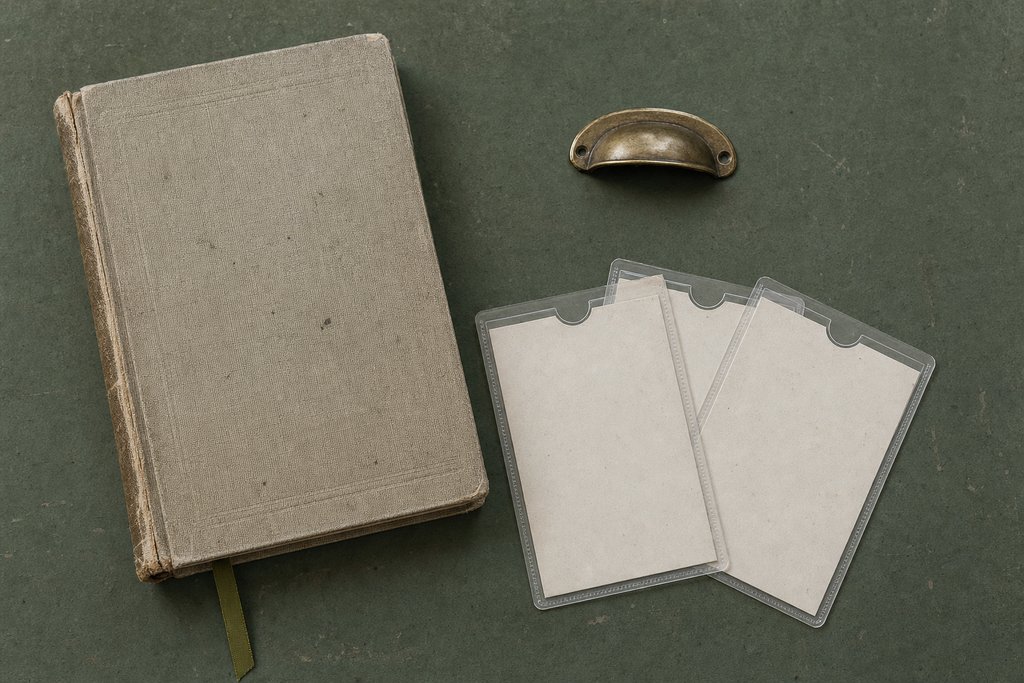 A closed linen-bound ledger with an olive ribbon marking a page, beside three empty card sleeves.